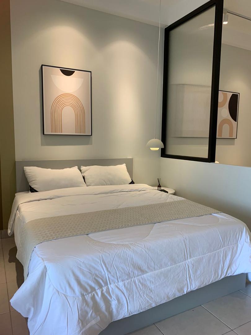 Netizen Cyberjaya bedroom renovation — clean white theme, pendant light