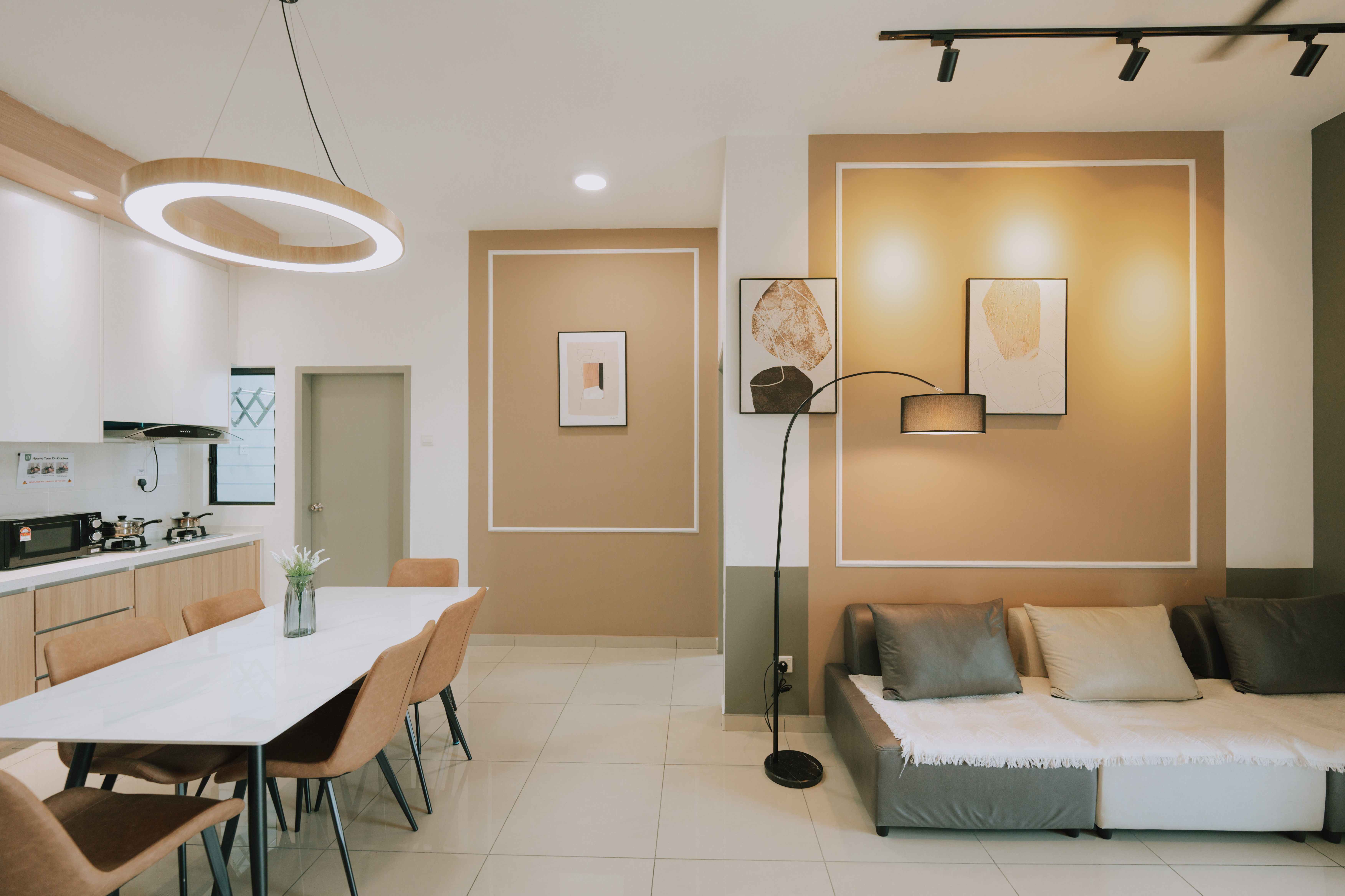 Parkland Residence kitchen and dining — wood cabinets, circular pendant